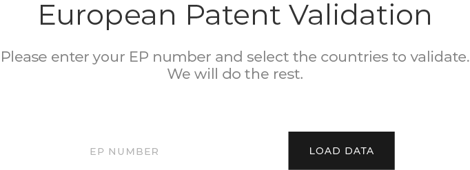 Prewiev of Passport European patent validation software showing the patent number input field.